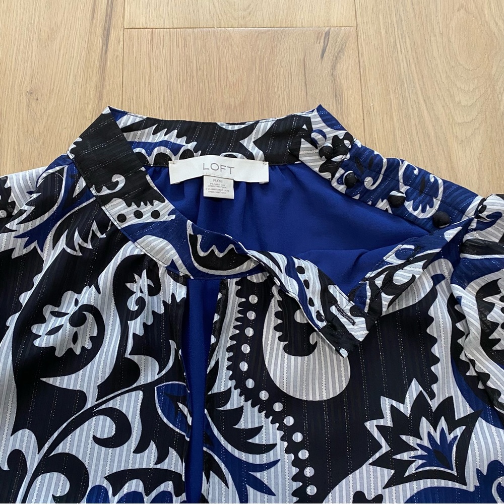 Loft | Shimmer Stripe Paisley Mock Neck Black Blouse - Picture 7 of 11